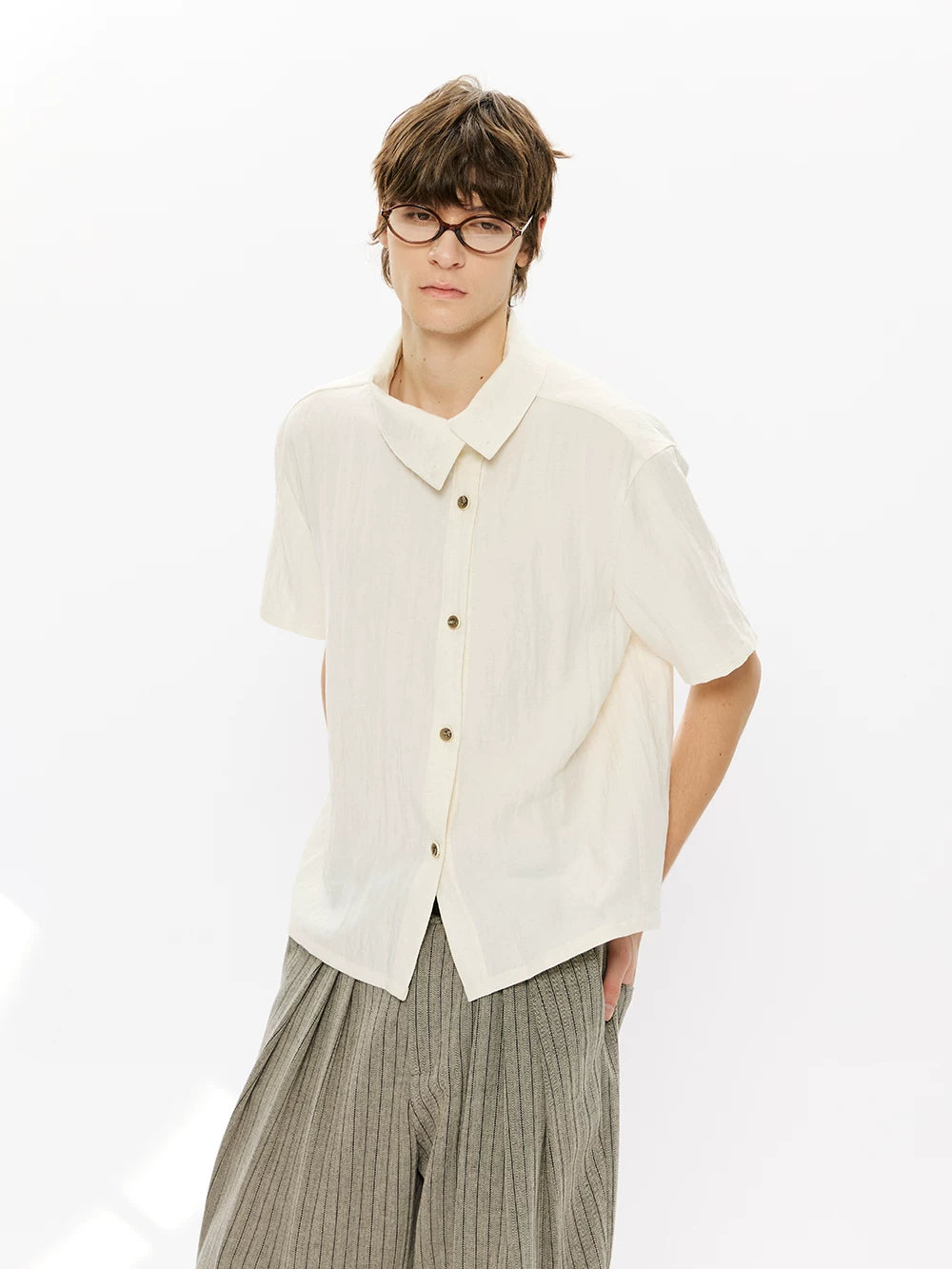 KREATE Stand-up Collar Handmade Contrasting Button-up Shirt