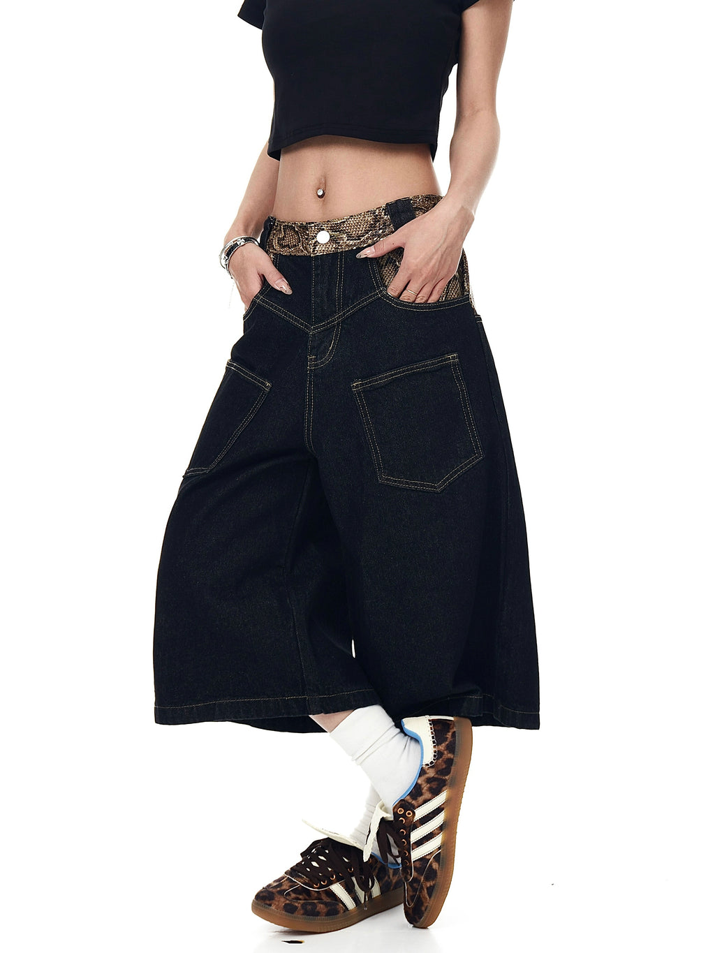 BLACKLISTS Primary Color Stitching Python Denim Shorts