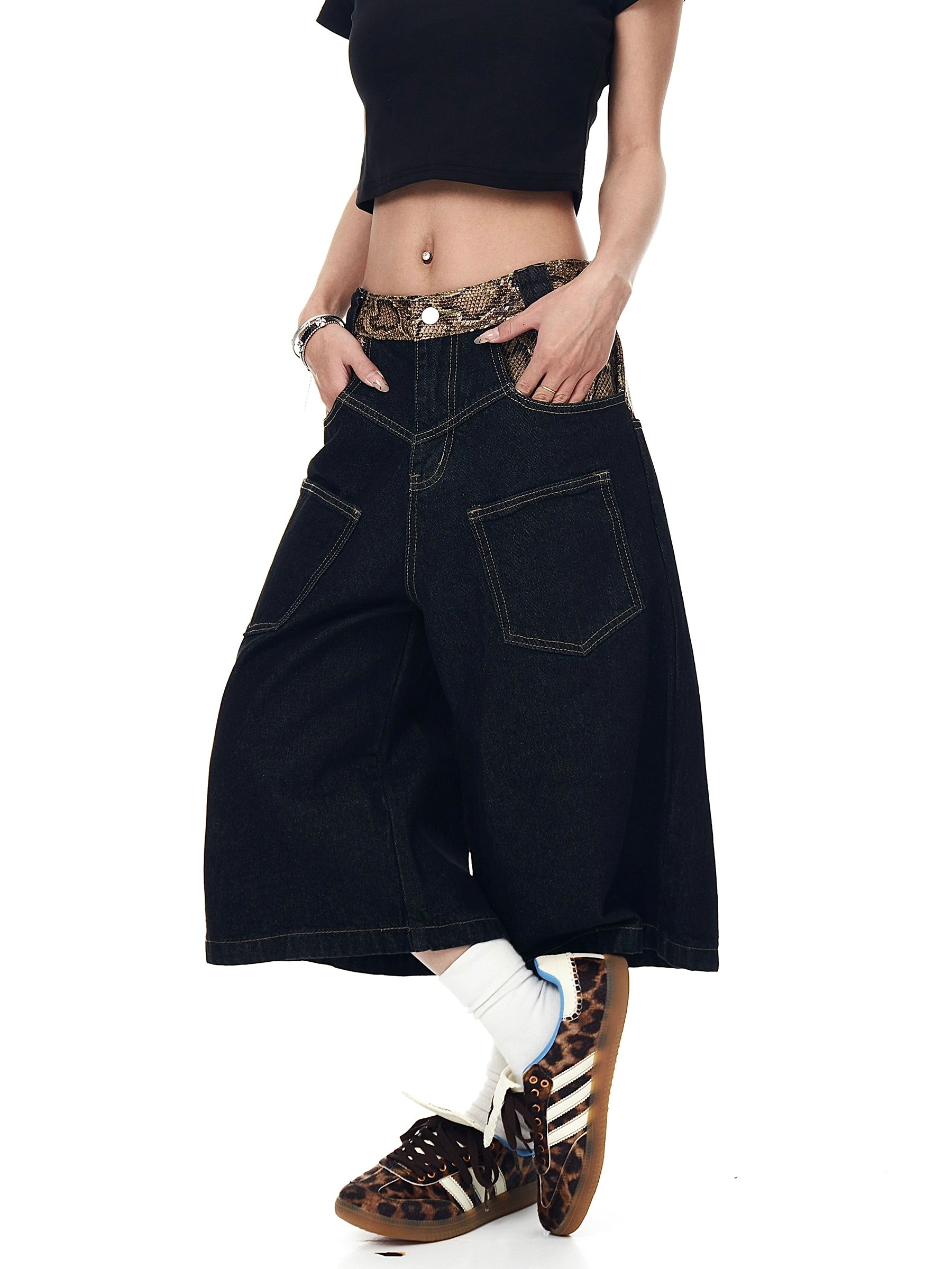 BLACKLISTS Primary Color Stitching Python Denim Shorts