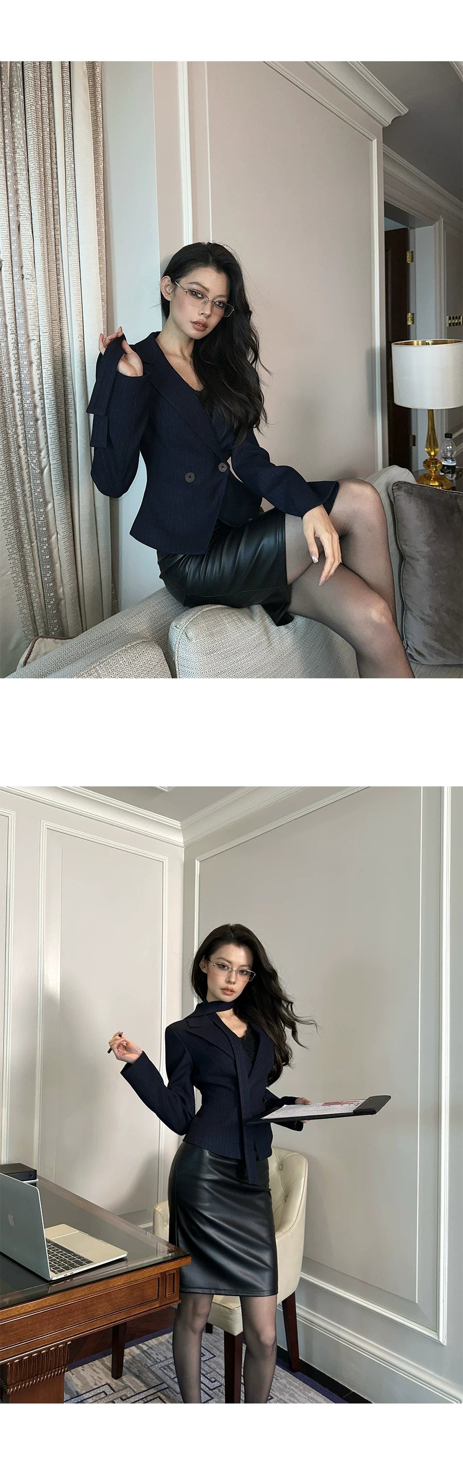 LLROGE Waist Blazer Half-body Leather Skirt Set