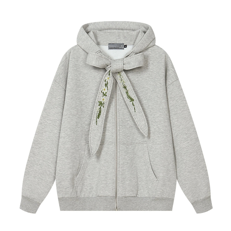 Harshandcruel Detachable Floral Embroidery Bow Tie Hoodie