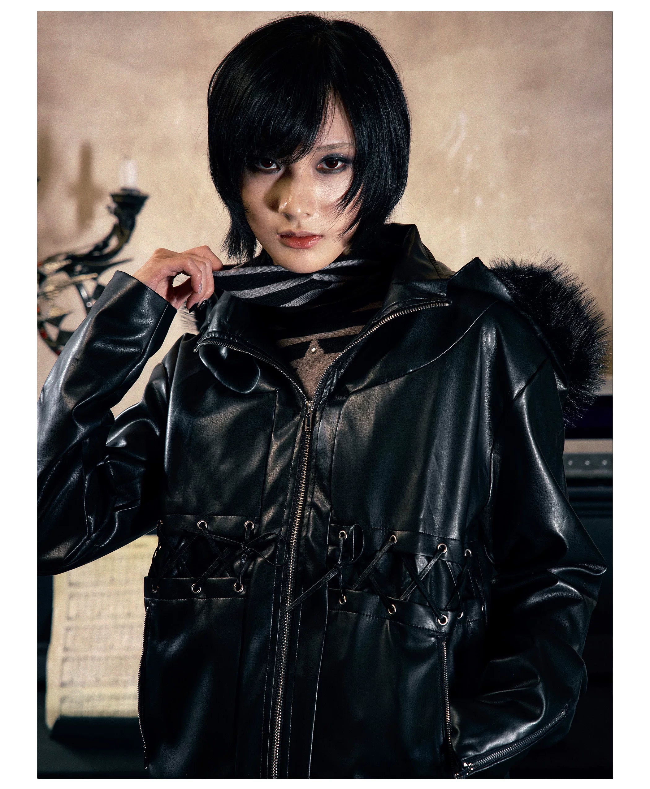 PAIKI Cross Strap Leather Jacket Sweater Neck Hooded Slim Fit Sweater Jacket