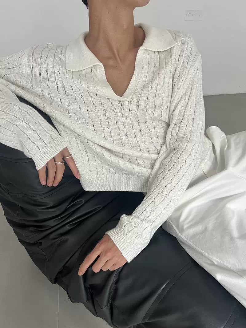 COLN Deep V Lapel Twist Knitted Sweater