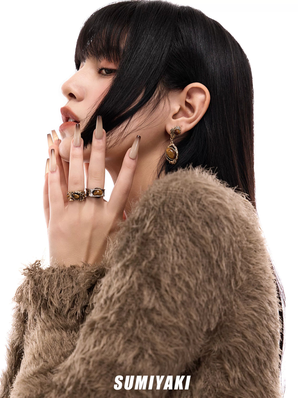 SUMIYAKI Retro Tiger's Eye Long Earrings
