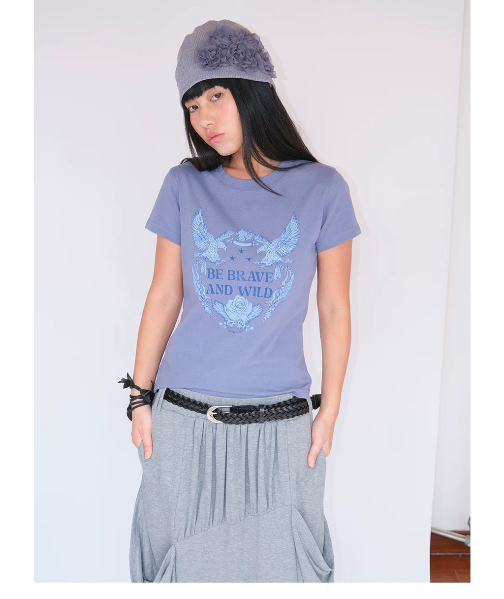 FUNKYFUN Retro Eagle Print High Elastic Front Shoulder Tee
