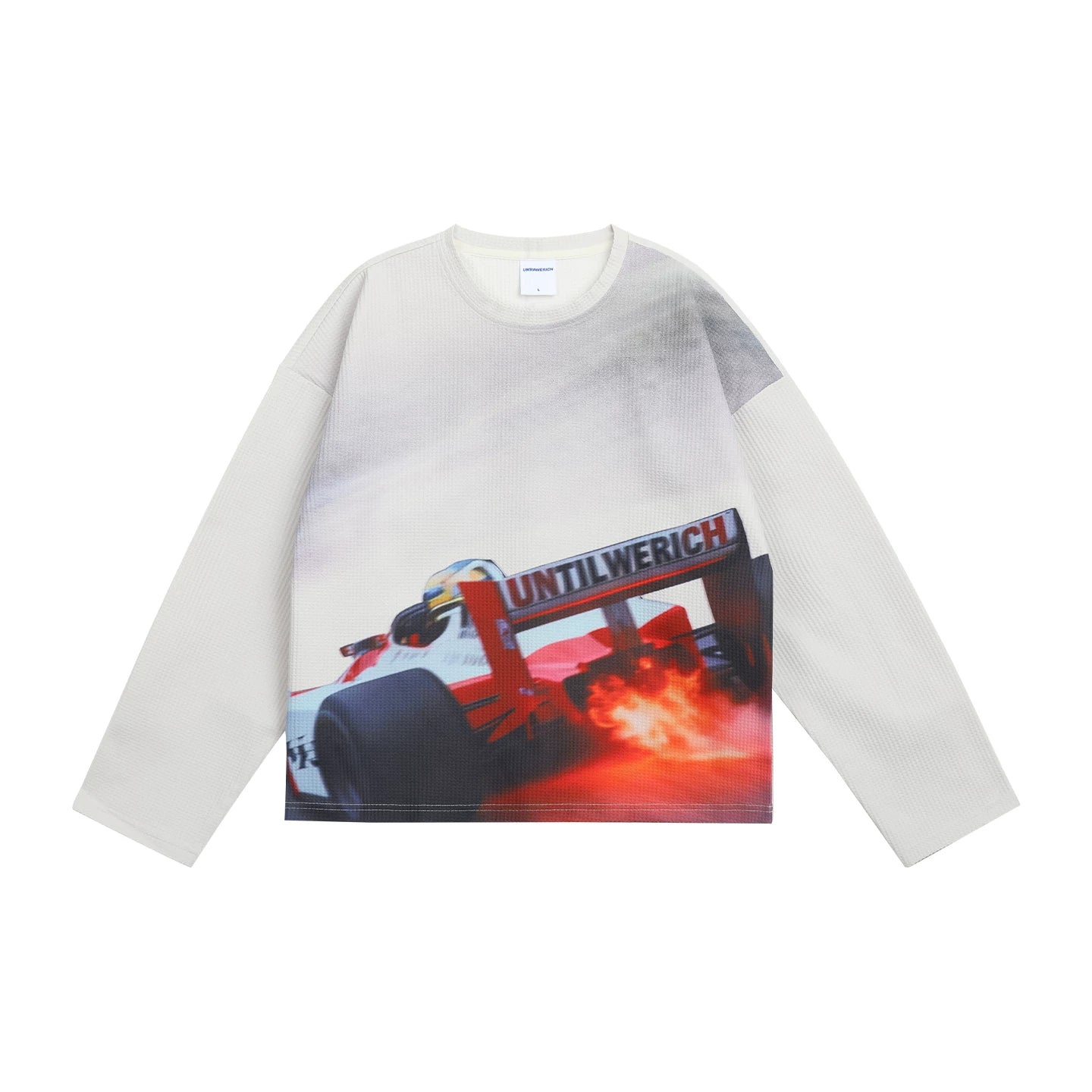UNTILWERICH Waffle Crew Neck Racing Print Loose Sweater