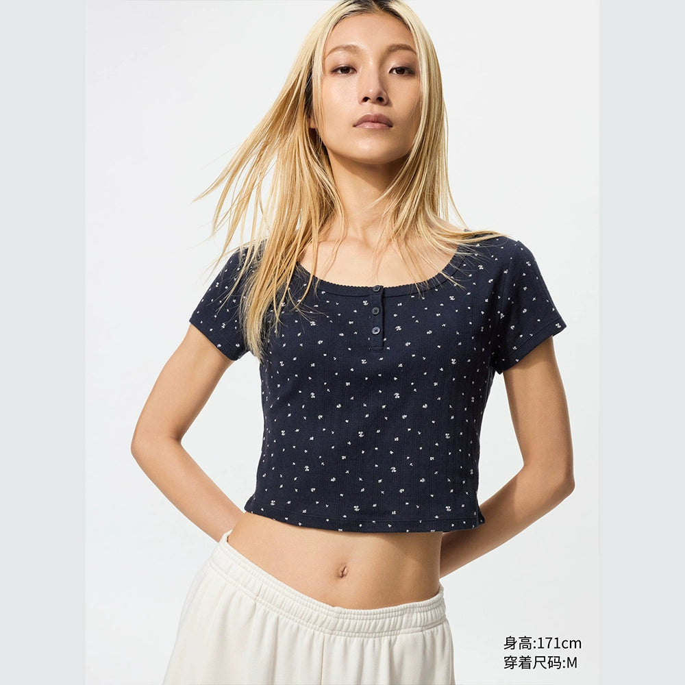 Uniqlo Ribbed Henry Collar Printed Babes Tee