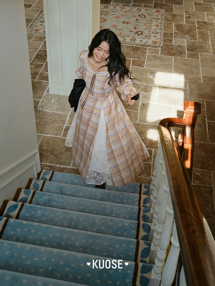 Kuose Temperament Lace Plaid Square Neck Long Sleeve Cinched Waist Dress