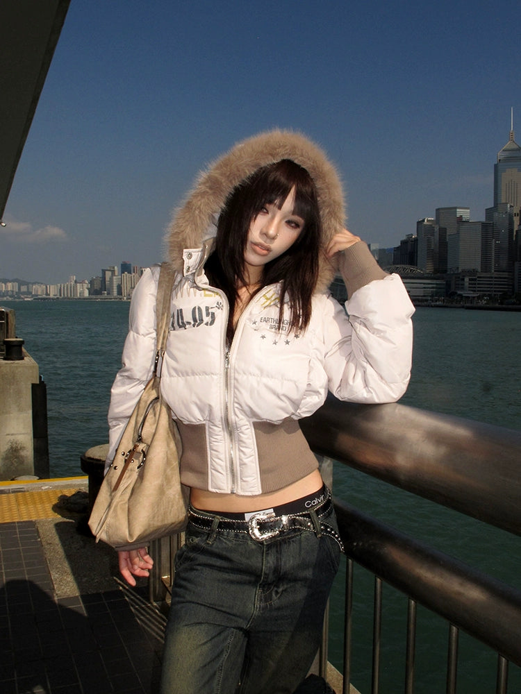 EAHO Fur Collar Hooded Babes Short Cotton Dress
