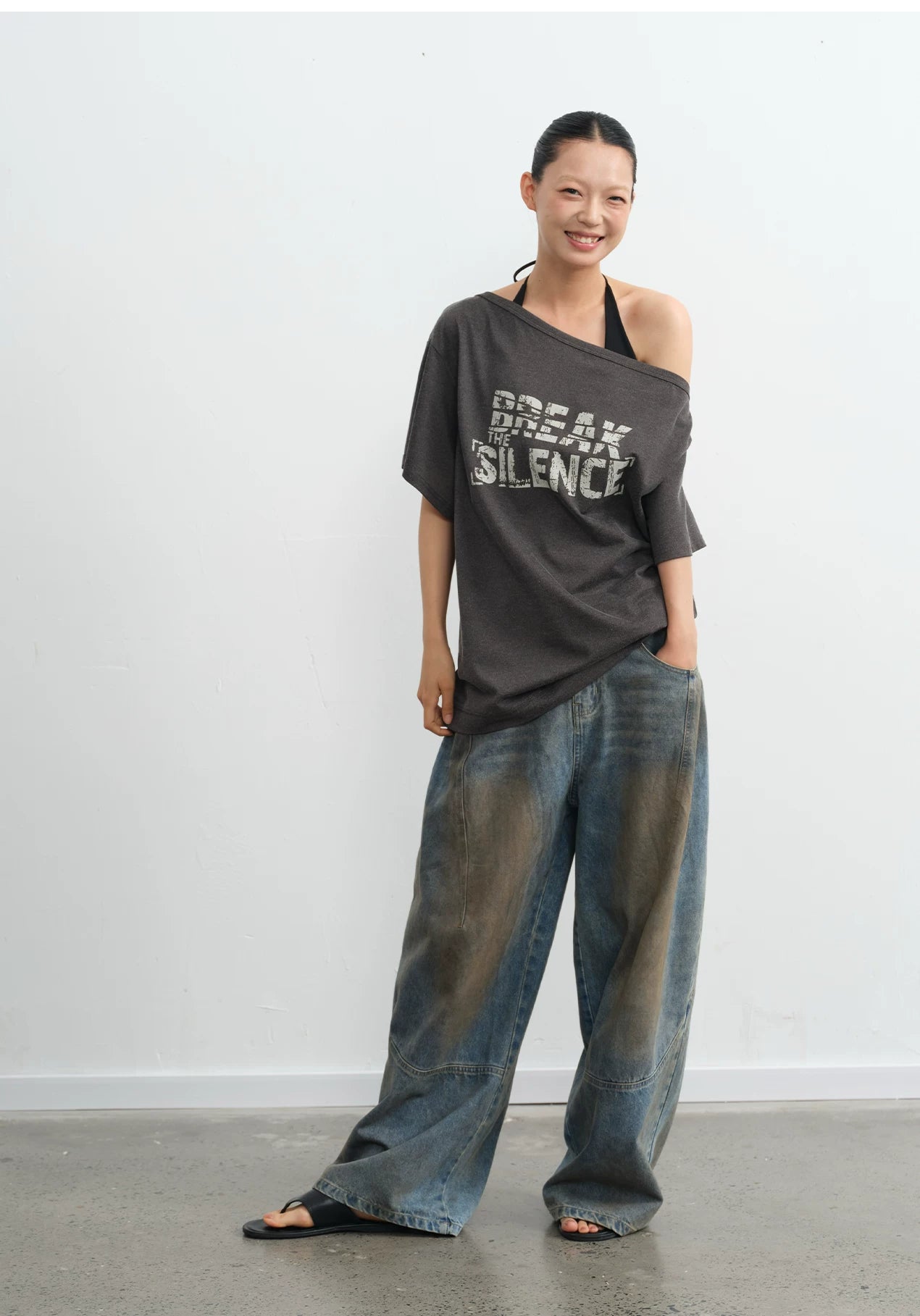 LINY LIBERTY Vintage Loose Slanted Shoulder Tee