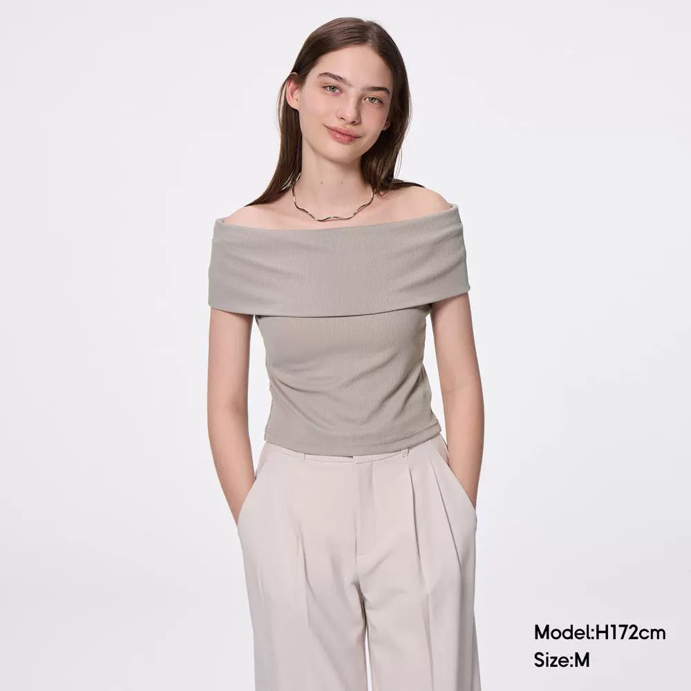GU Off-the-shoulder One-word Collar Fashionable Slim and Thin Versatile Tee