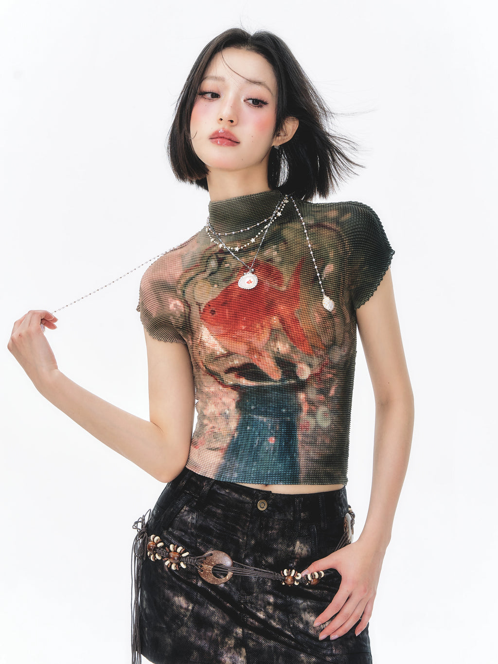 YEDM Goldfish Print Short Pleated Short Tee