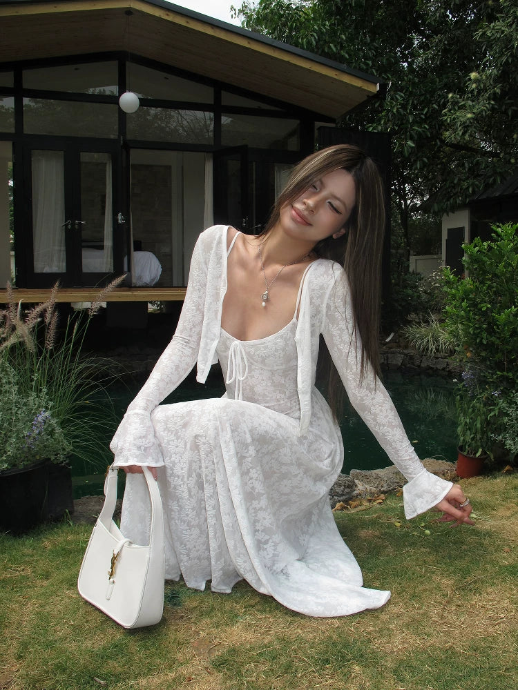 Audwyn Retro Pattern Cardigan Lace Waist Slim Dress Set