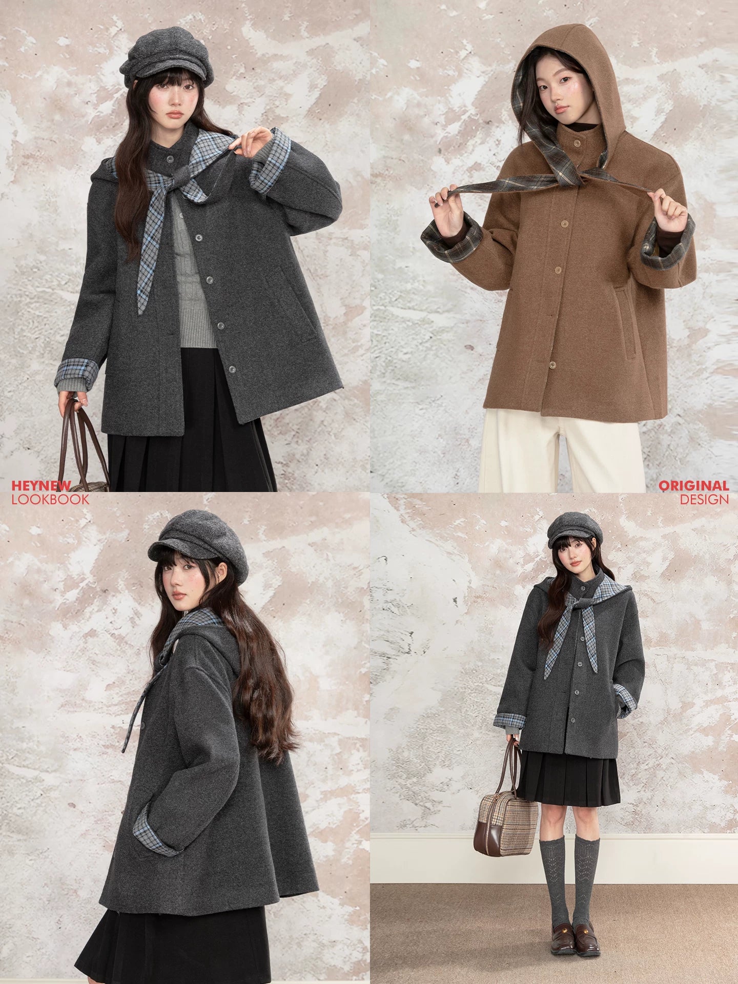 LOVEHEYNEW Vintage Plaid Hooded Removable Woolen Jacket