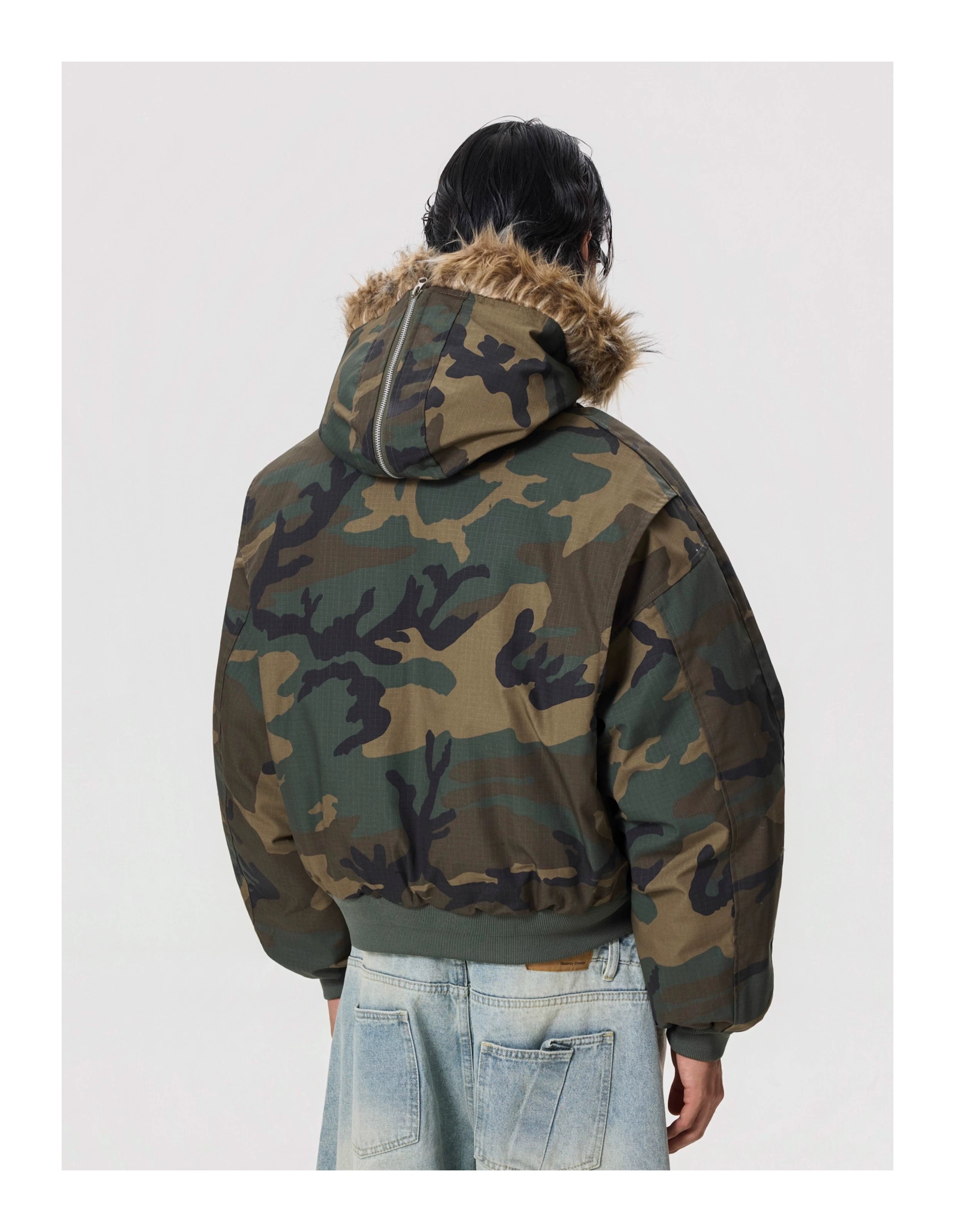 BTSG Camouflage Fur Collar Zip Jacket Cotton