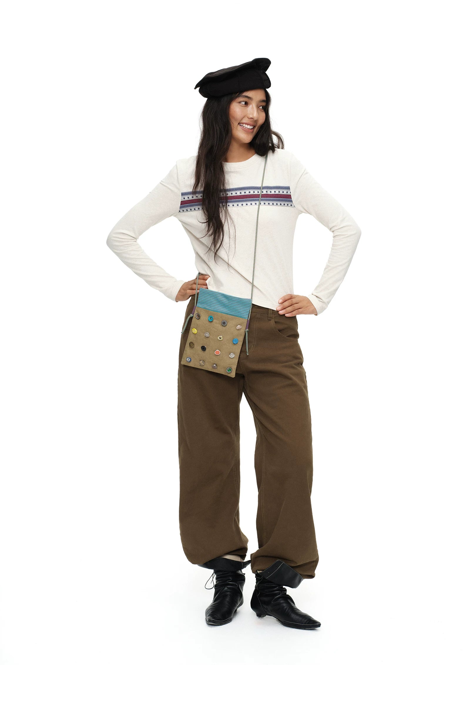 Oinimi Fun Button Contrast Striped Shoulder Bag