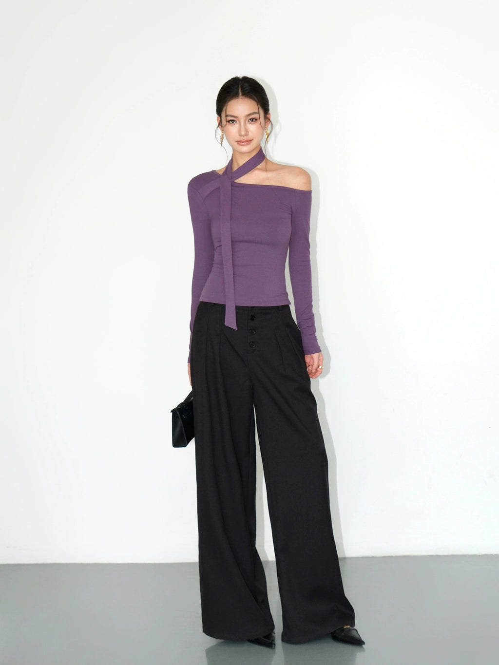 NEVA HU Casual High-waisted Drape Loose Straight Floor Pants