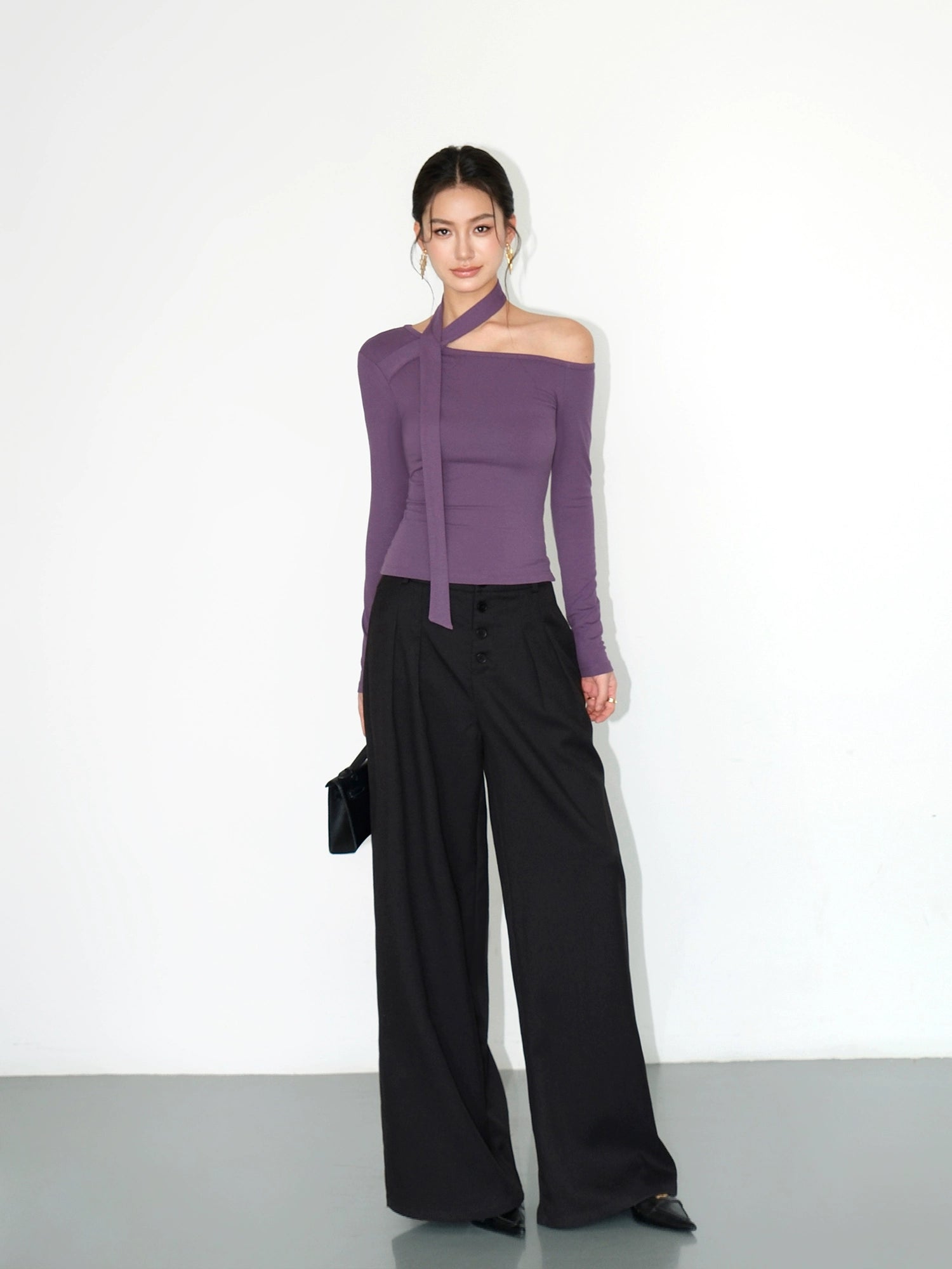 NEVA HU Casual High-waisted Drape Loose Straight Floor Pants