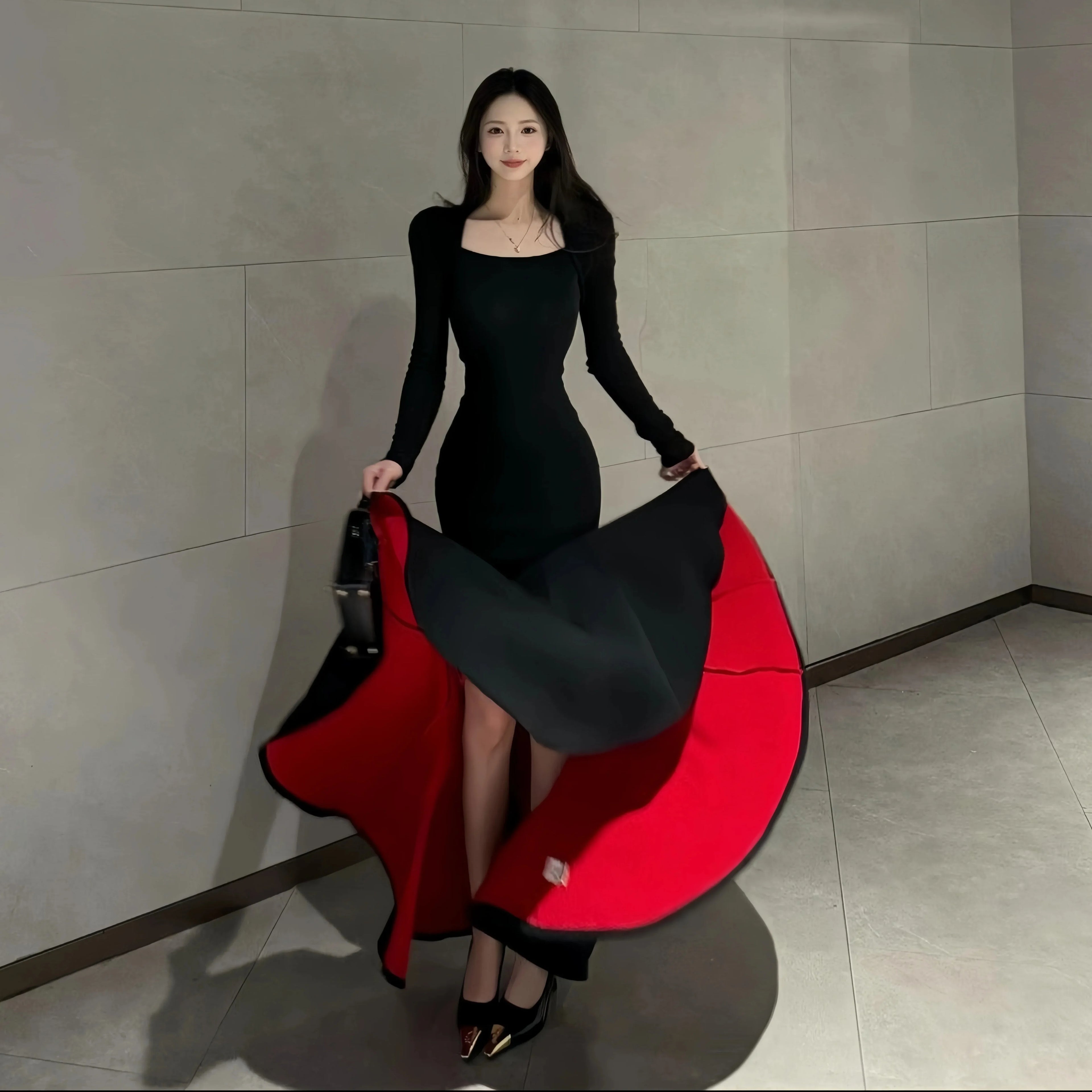 Instunning Square Neck Long Sleeve Waist High-end Dress