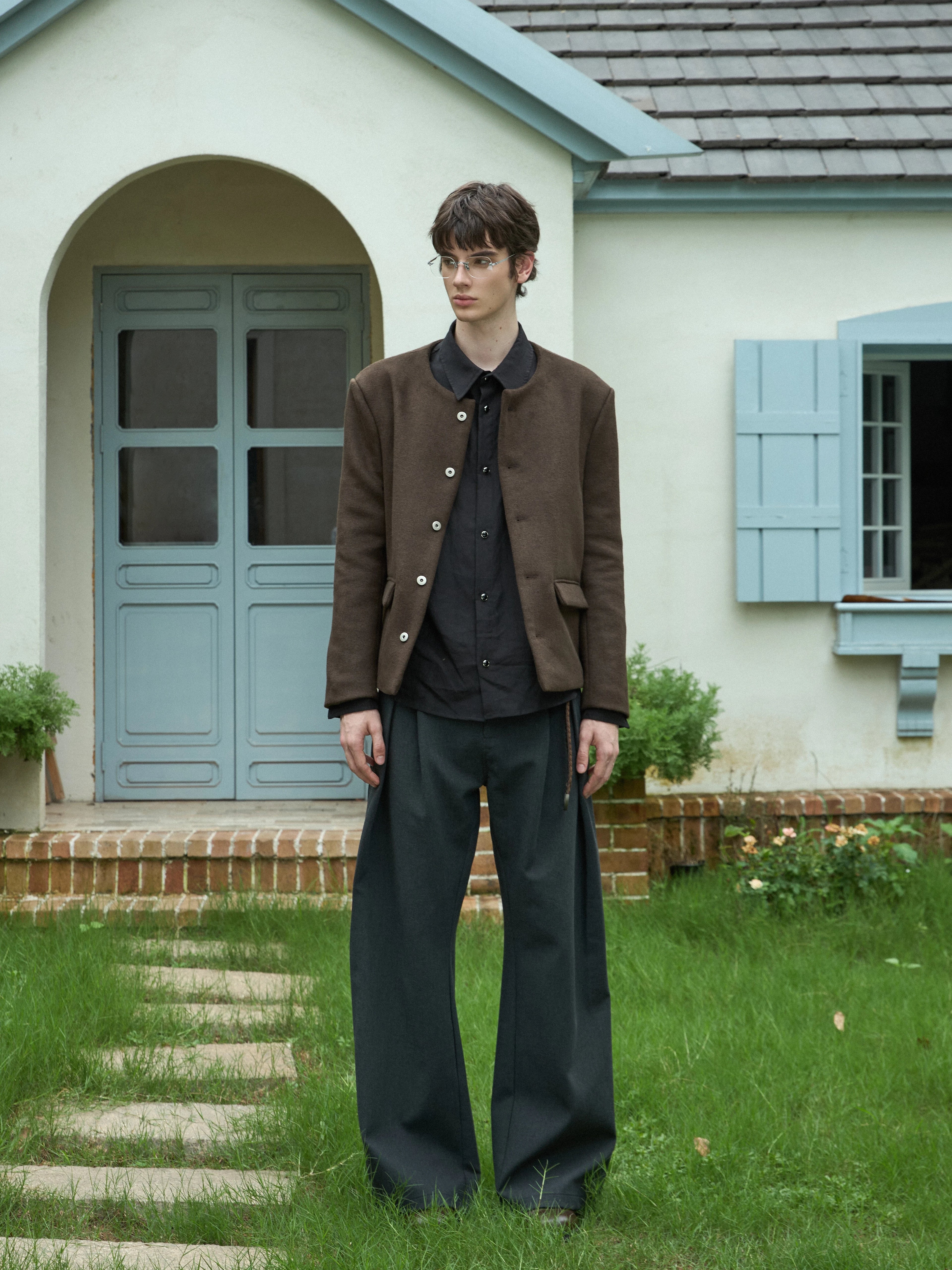 Stay The Night Straight Shoulders Collarless Suit Striped Jacket