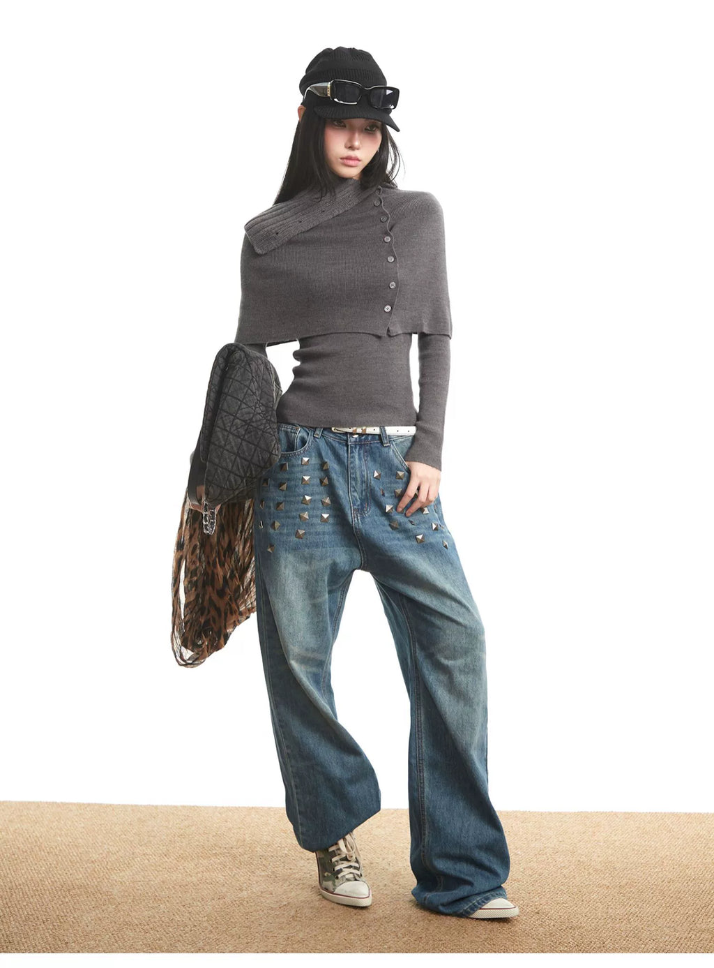 UNCMHISEX Turtleneck Long-sleeved Knitted Cardigan