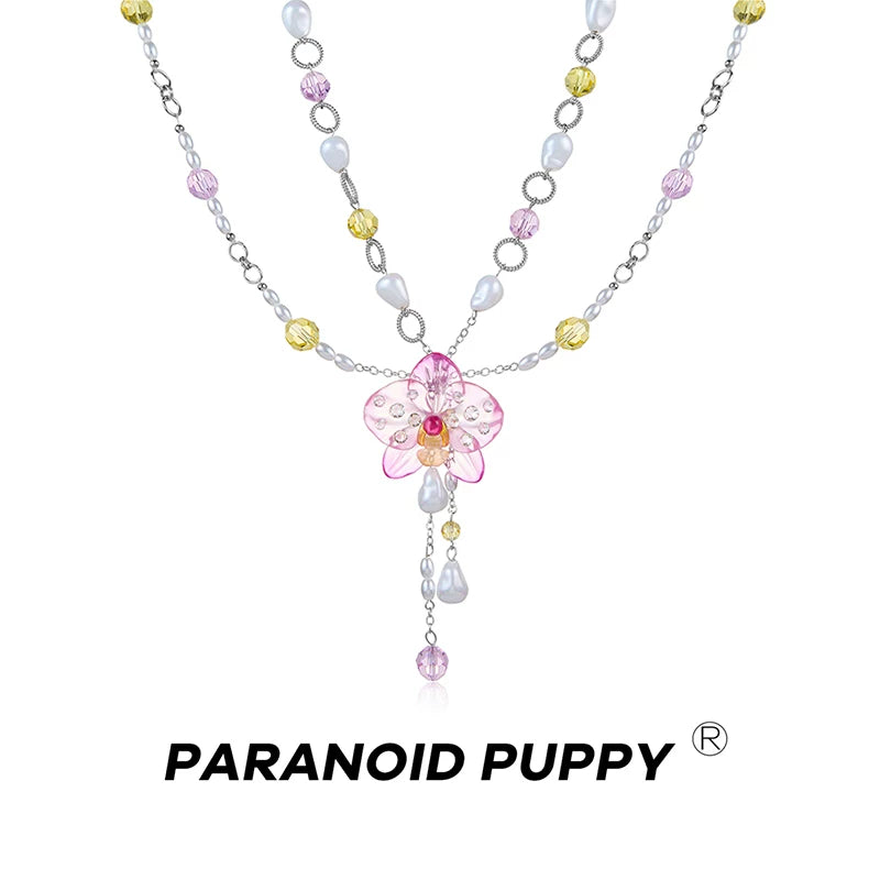 PP Phalaenopsis Flower Pearl Fringed Double Necklace