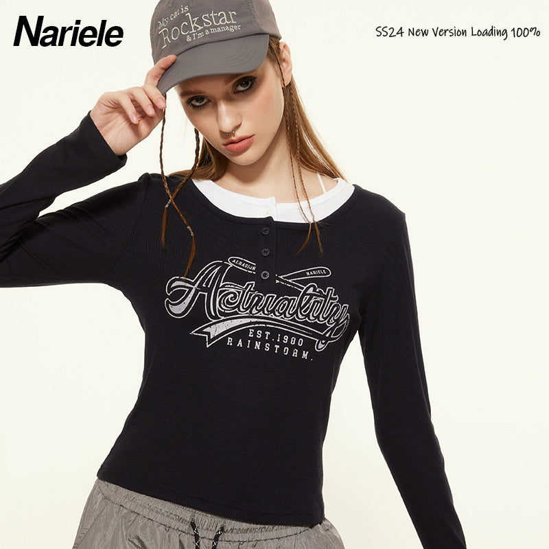 Nariele Fake Two-Letter Design Slim-Fit Long-Sleeve T-Shirt Top