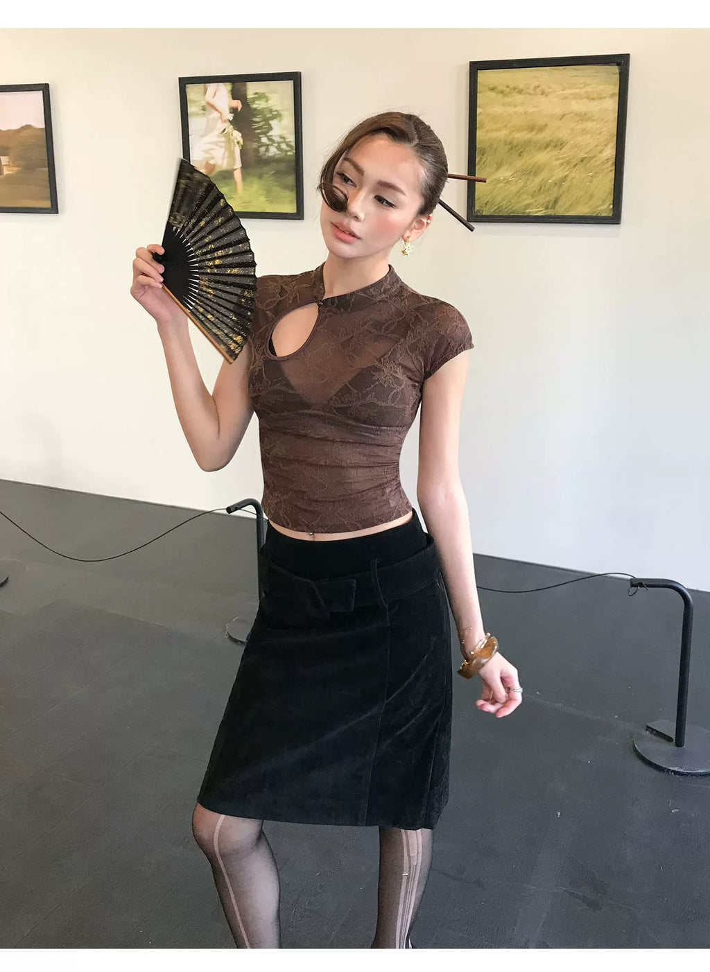 Audwyn Jacquard Hollow Slim Lace Waist Tee