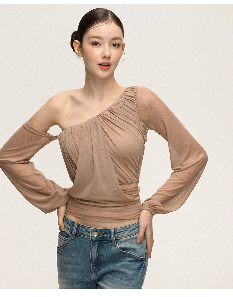 Anna Aneae Mesh Slanted Shoulders Waist Slim Tee