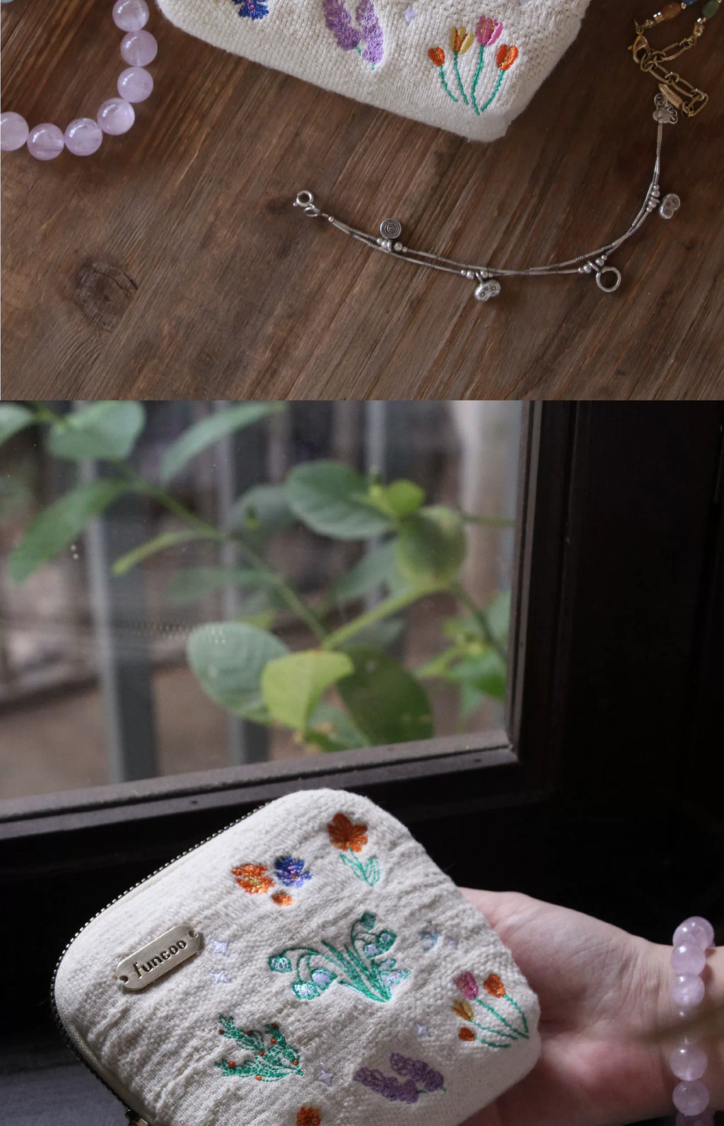 FUNCOO Cotton and Linen Embroidered Flower Portable Jewelry Bag