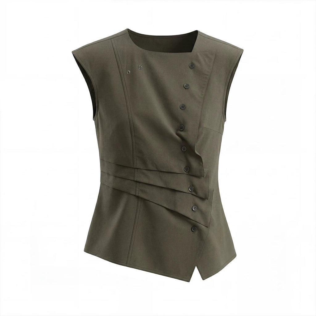 JIKOO Diagonal-breasted Waist-pleated Sleeveless Shirt
