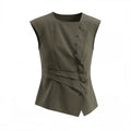 JIKOO Diagonal-breasted Waist-pleated Sleeveless Shirt