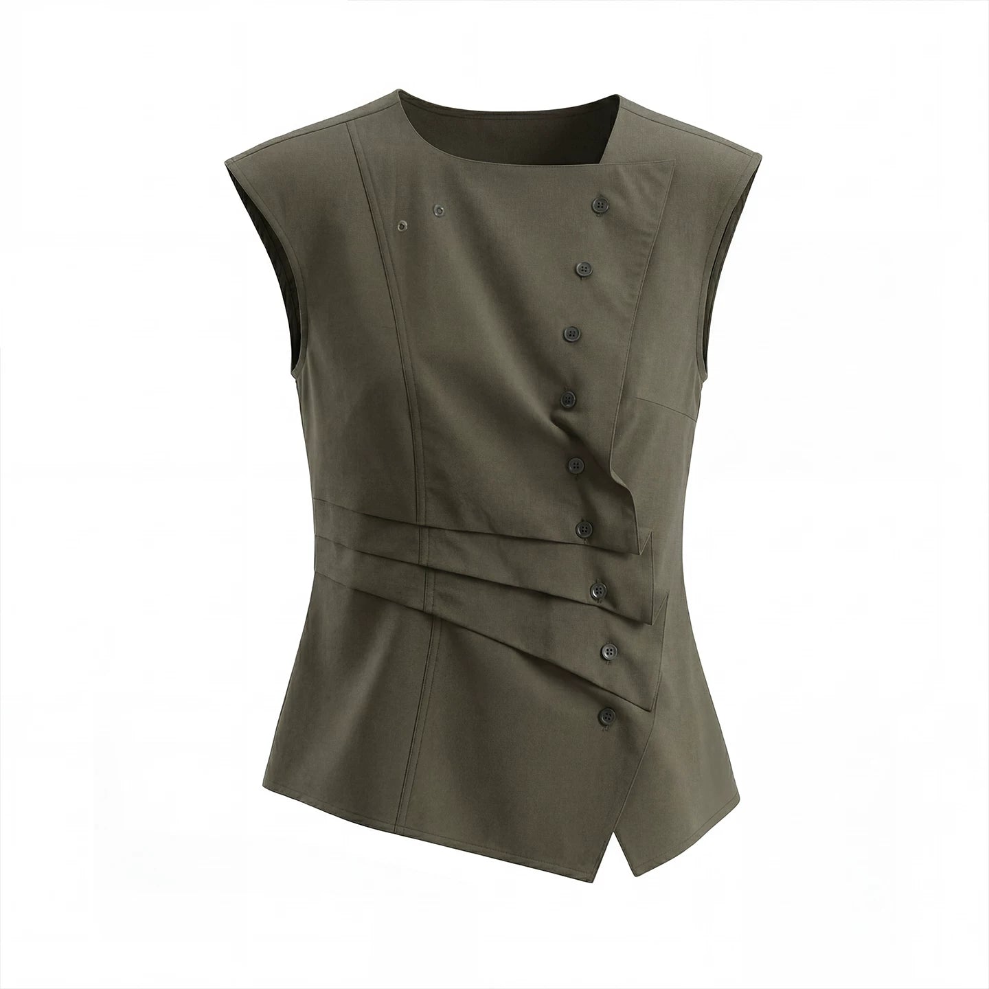 JIKOO Diagonal-breasted Waist-pleated Sleeveless Shirt