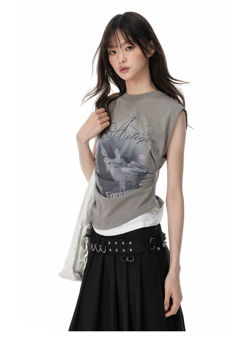 JIKOO Printed Asymmetrical Fake Two-piece Vest