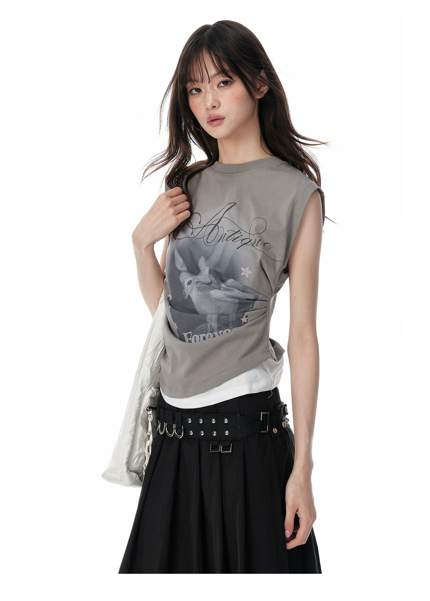 JIKOO Printed Asymmetrical Fake Two-piece Vest
