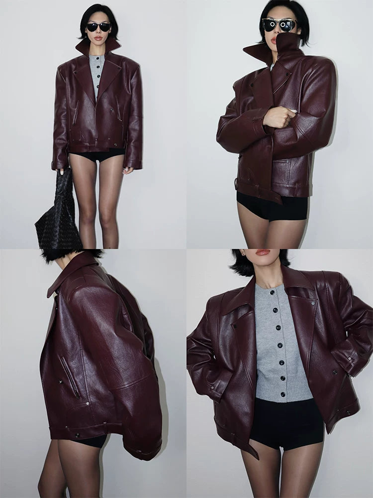 VanessaLab Three-dimensional Silhouette Pu Leather Jacket Thermal Jacket