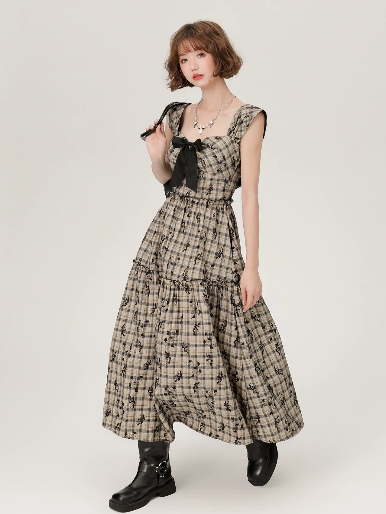 Girlyhalo Vintage Plaid Bow Dress