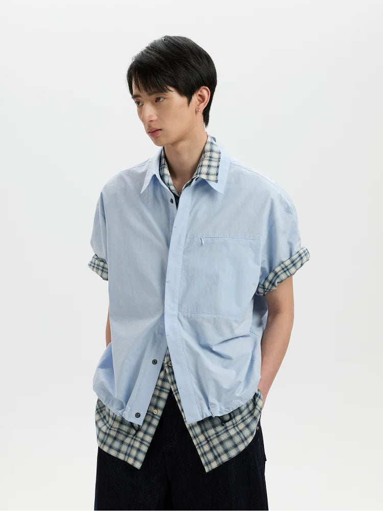 BUTTBILL Hem Elastic Cotton and Linen Short-sleeved Shirt