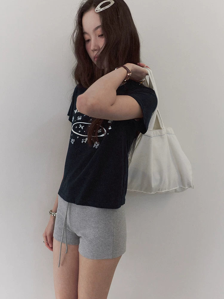 VOOE Crew Neck Letter Print Front Shoulder Versatile Tee