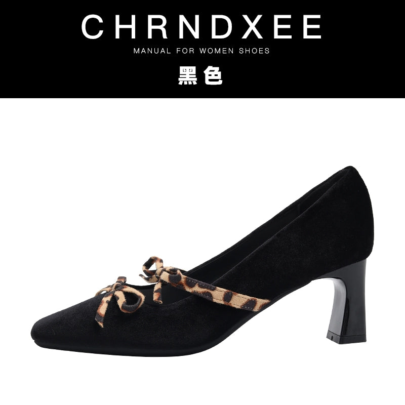 CHRNDXEE Niche Leopard Print Bow Suede High-heeled Shoes