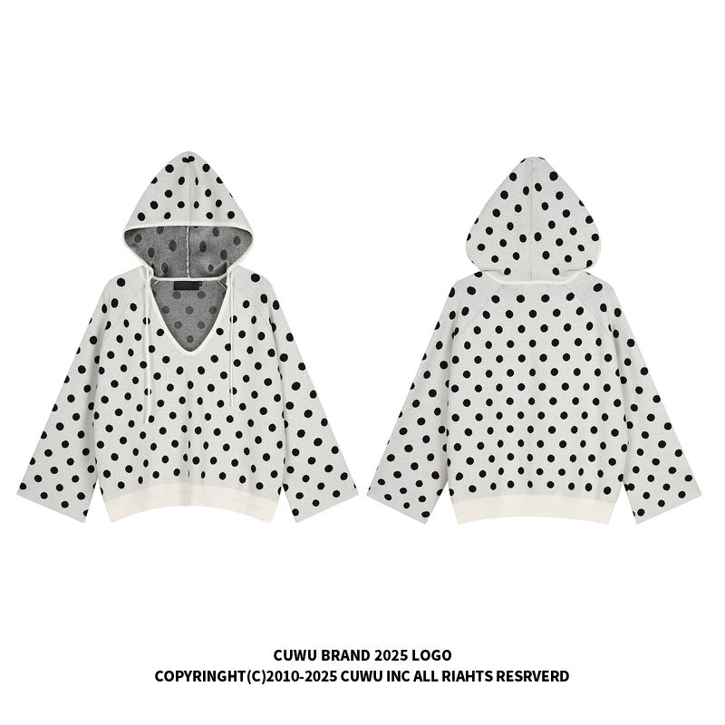 Mershier Vintage Polka Dot V-Neck Hooded Knitted Sweater