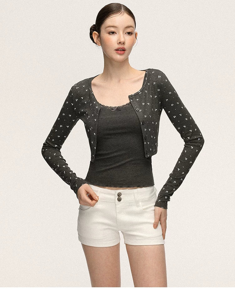 Anna Aneae Floral Knitted Cardigan Slim-fit Suspenders Two-piece Set