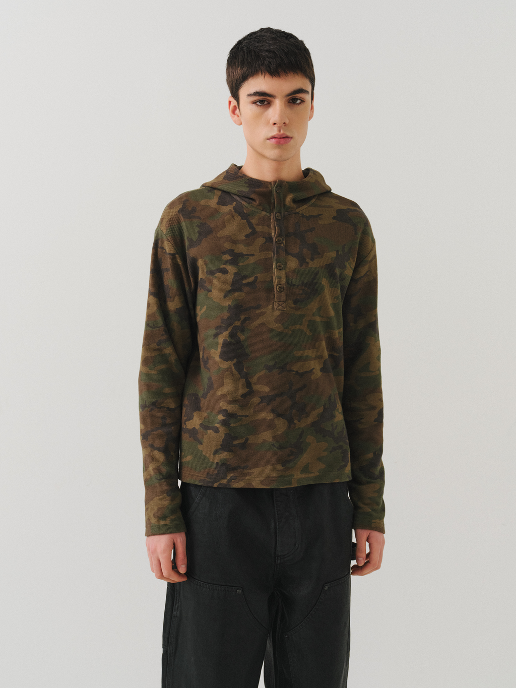 VLABMADE Waffle Green Camouflage Contrast Hooded Long Sleeve
