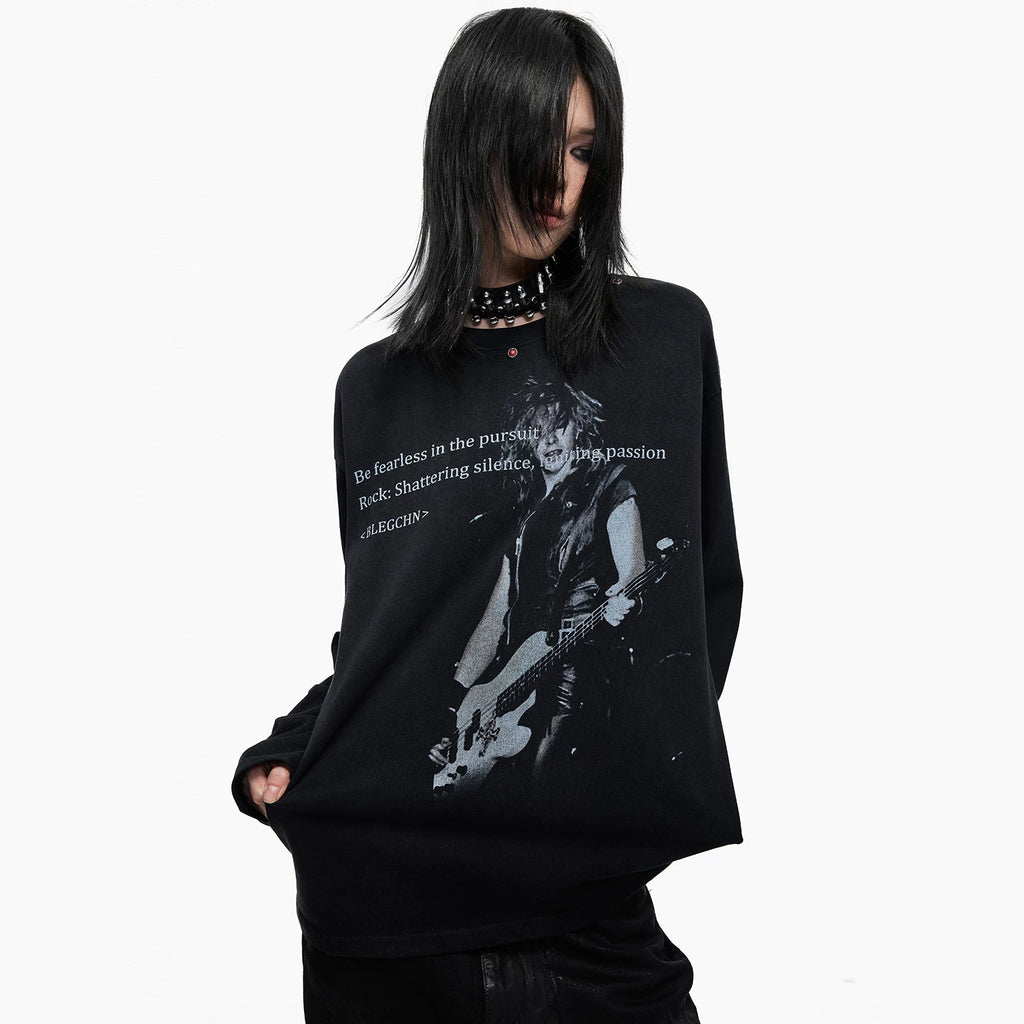 Lightinus Guitar Figure Slogan Print Riveted Long Sleeves