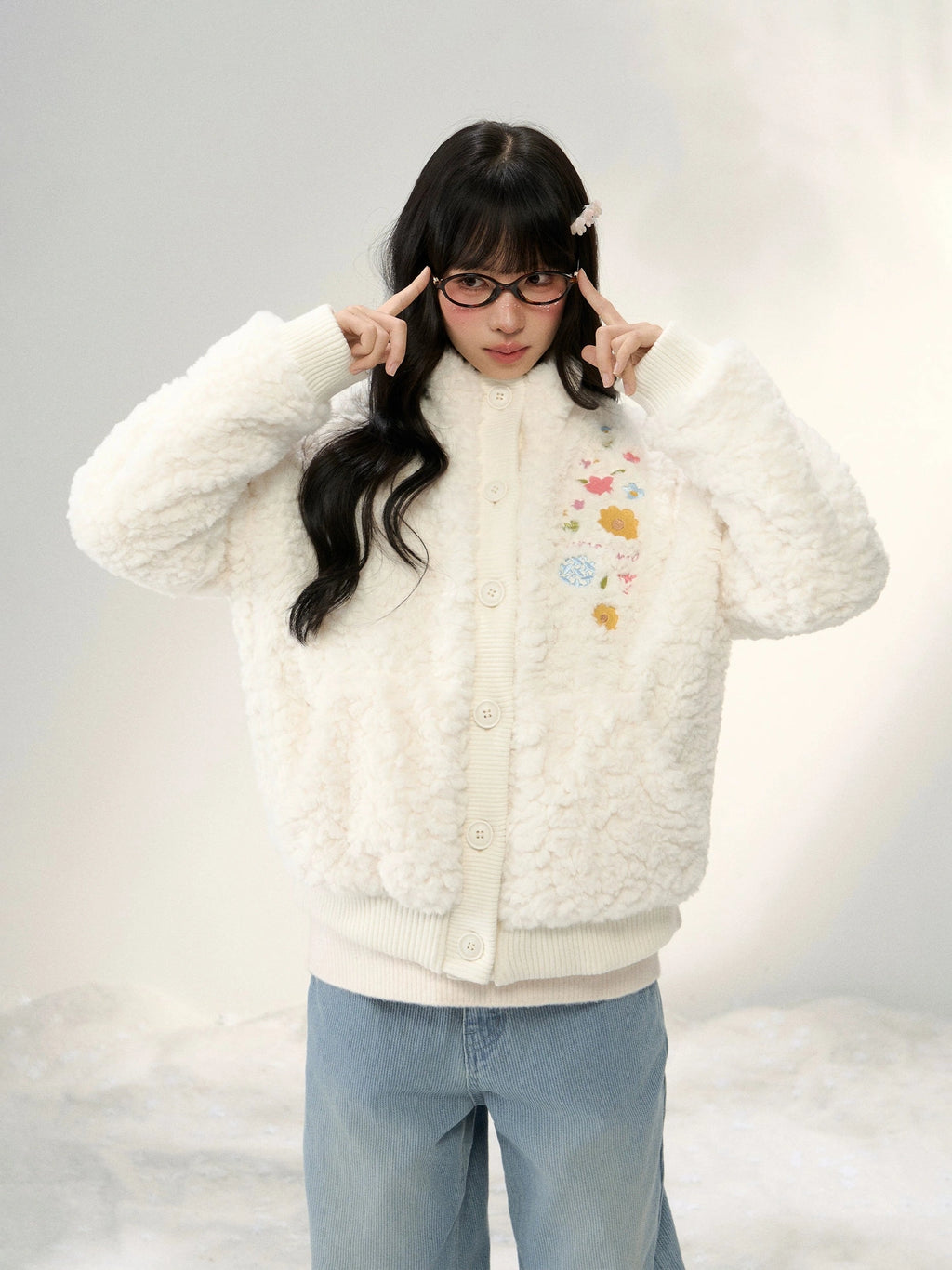 Umoumo Flower Embroidery Knitted Splicing Stand-up Collar Fur Jacket