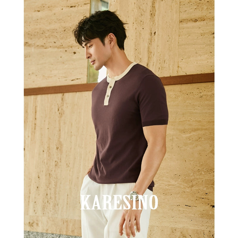 KARESINO Contrasting Color Splicing Cold Silk Cool Knitted Polo Shirt