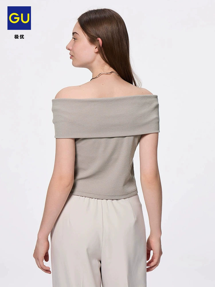 GU Off-the-shoulder One-word Collar Fashionable Slim and Thin Versatile Tee