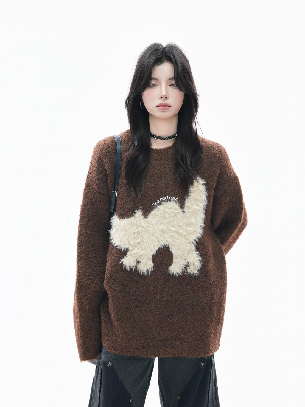 Zuocisankon Plush Cat Jacquard Sweater