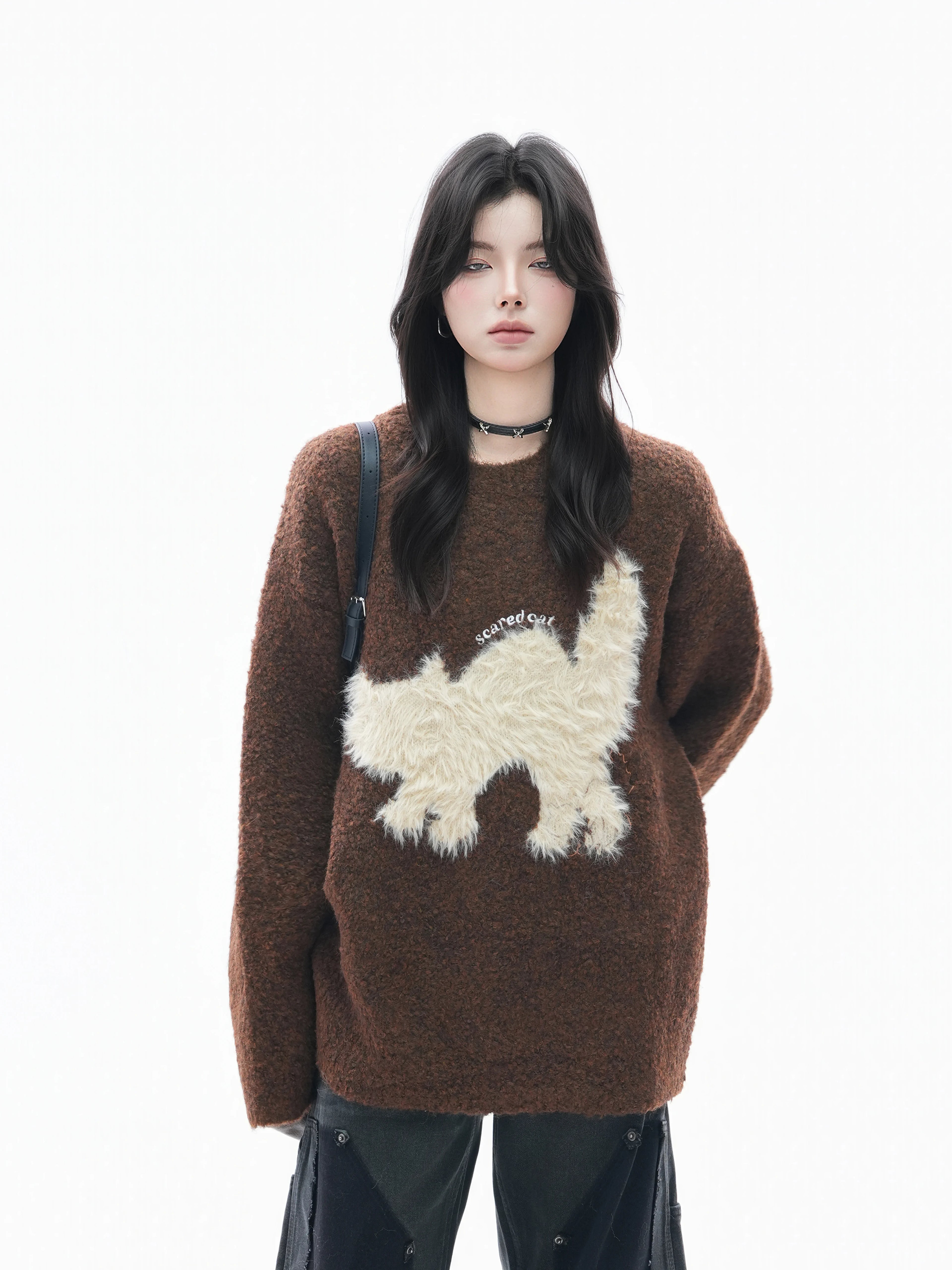 Zuocisankon Plush Cat Jacquard Sweater