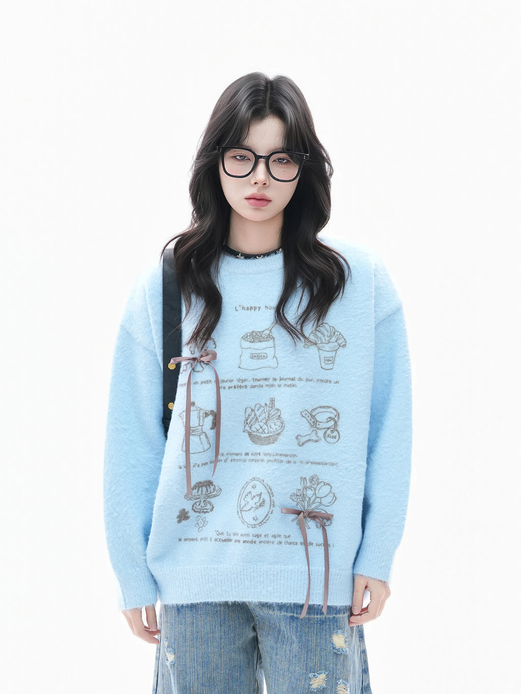 Zuocisankon Soft Waxy Knitted Bow Jacquard Sweater